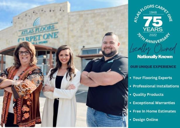 Atlas Floors Carpet One Floor & Home local owners standing in front of showroom in San Antonio, TX